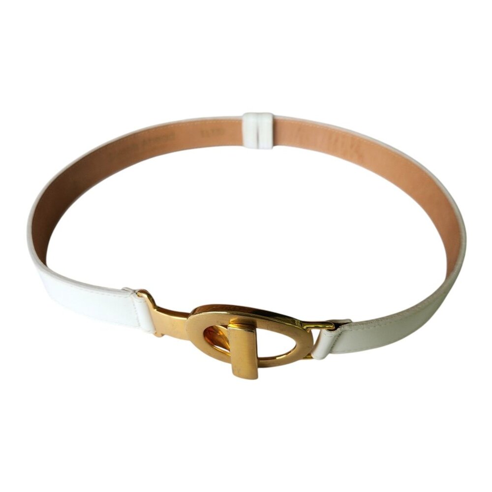 Vintage “Streets Ahead” White Leather Adjustable Belt Gold Buckle Size